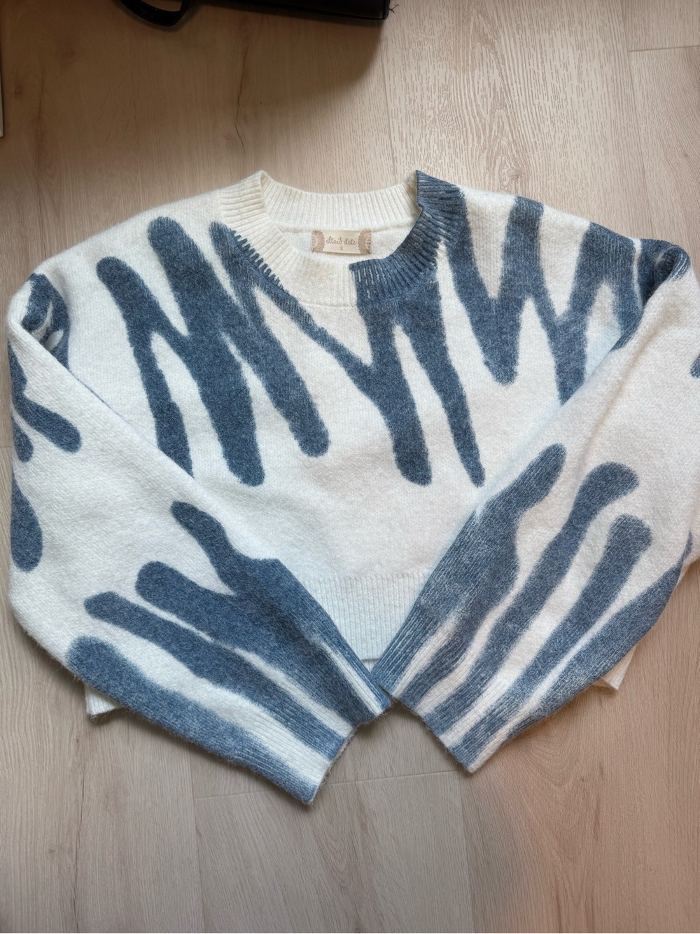 Altar'd State Cream Crewneck Sweater with Blue Abstract Streaks
